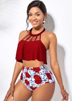 Cage Neck Red High Waisted Bikini Set -Rosewe Swimwear Store 292431 P 1646355847356