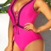 Striped Lace Up Rose Red One Piece Swimwear -Rosewe Swimwear Store 292547 P 16423940149072