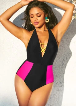 Contrast Cross Strap Black One Piece Swimwear -Rosewe Swimwear Store 292628 P 16970153376344