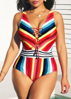 Striped Lace Up Wide Strap One Piece Swimwear