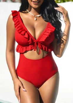 Flounce Cutout Red One Piece Swimwear -Rosewe Swimwear Store 292759 P 16399984617294