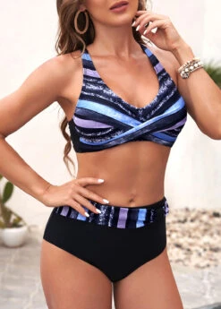 Black Stripe Print Criss Cross Back Bikini Set -Rosewe Swimwear Store 292977 P 16409241708183