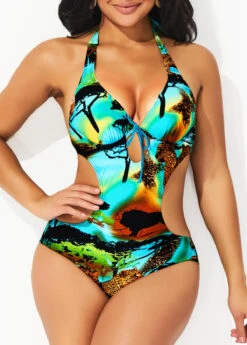 Animal Prints Halter Multi Color One Piece Swimwear -Rosewe Swimwear Store 293527 P 16460319319172