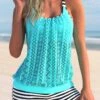 Lace Stitching Striped Cyan Tankini Set -Rosewe Swimwear Store 294597 P 1640848285390