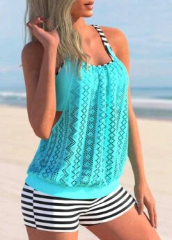 Lace Stitching Striped Cyan Tankini Set -Rosewe Swimwear Store 294597 P 1640848286053