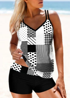 Black Geometric Print Mid Waist Tankini Set