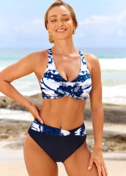 Navy Blue Tie Dye Print Front Cross Bikini Set -Rosewe Swimwear Store 295123 P 16448223594043