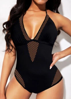 Lace Stitching Black Halter One Piece Swimwear