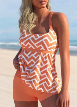 Orange Geometric Print Wide Strap Tankini Set -Rosewe Swimwear Store 296438 P 1642749280021