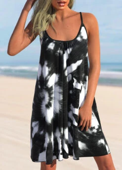 Tie Dye Print Spaghetti Strap Black Cover Up