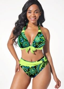 Paisley Print Bowknot Green Bikini Set -Rosewe Swimwear Store 296711 P 1644888515985