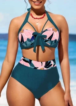 Floral Print Peacock Blue High Waisted Bikini Set