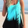 Tropical Plants Print Cyan Mid Waisted Tankini Set -Rosewe Swimwear Store 297158 P 1643266770931