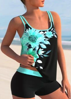 Cyan Sunflower Print Double Straps Tankini Set -Rosewe Swimwear Store 297359 P 164540843637002