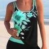 Cyan Sunflower Print Double Straps Tankini Set -Rosewe Swimwear Store 297359 P 164540843638000
