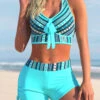 Tribal Print Cyan Striped Mid Waist Bikini Set -Rosewe Swimwear Store 297810 P 1645424324995
