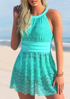 Cyan Cutout Lace Patchwork Swimdress And Shorts -Rosewe Swimwear Store 297931 P 1646038701362