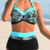 Cyan Paisley Print High Waisted Bikini Set 2 Cyan Paisley Print High Waisted Bikini Set -Rosewe Swimwear Store 298770 P 1646728579875