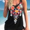 Floral Print Cross Strap Black Tankini Top-No Bottom -Rosewe Swimwear Store 299239 P 1646292091468