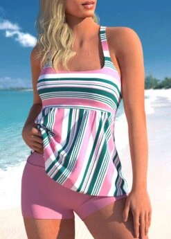 Striped Pink Wide Strap Tankini Set -Rosewe Swimwear Store 299330 P 1646376003908