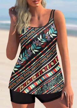 Double Straps Multi Color Floral Print Tankini Set