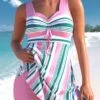 Cross Strap Stripe Print Pink Swimdress And Shorts