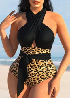 Cross Halter Leopard Black One Piece Swimwear