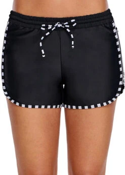 Striped Contrast Stitch High Waisted Black Swim Shorts