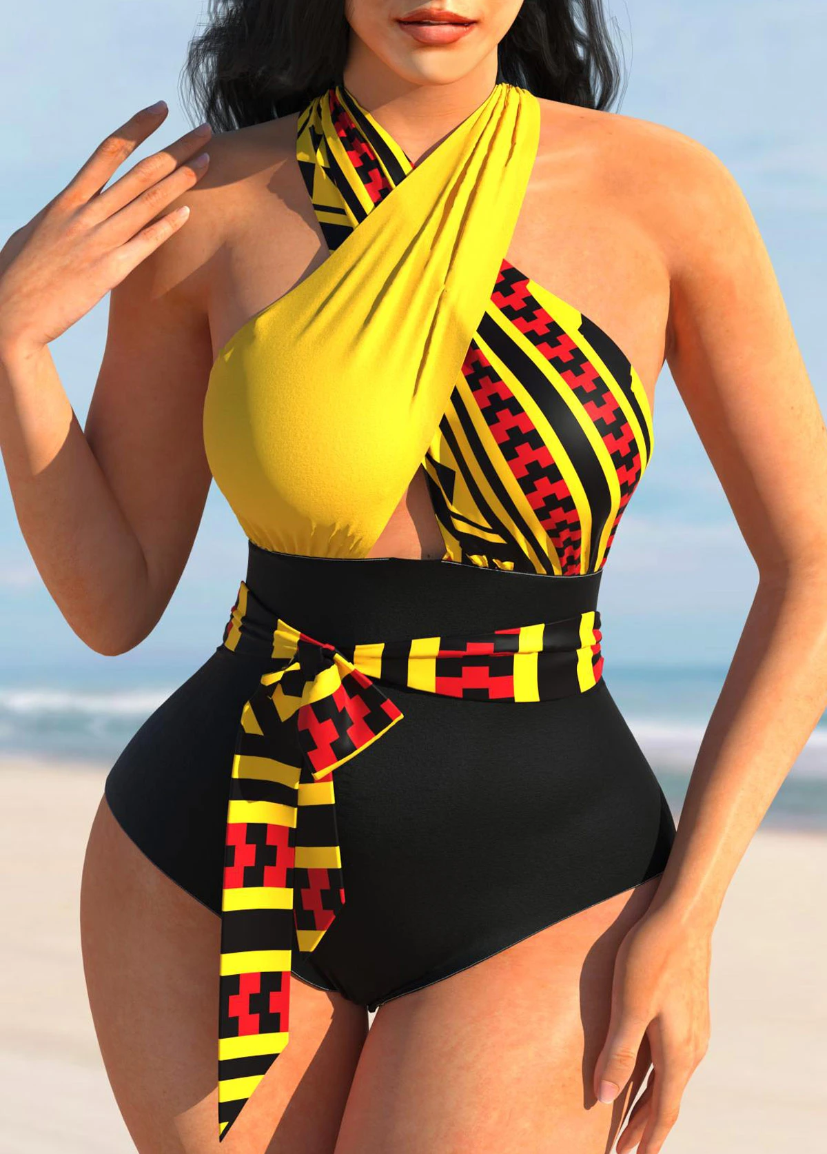 Tribal Print Color Block Cross Halter One Piece Swimwear 3 Tribal Print Color Block Cross Halter One Piece Swimwear