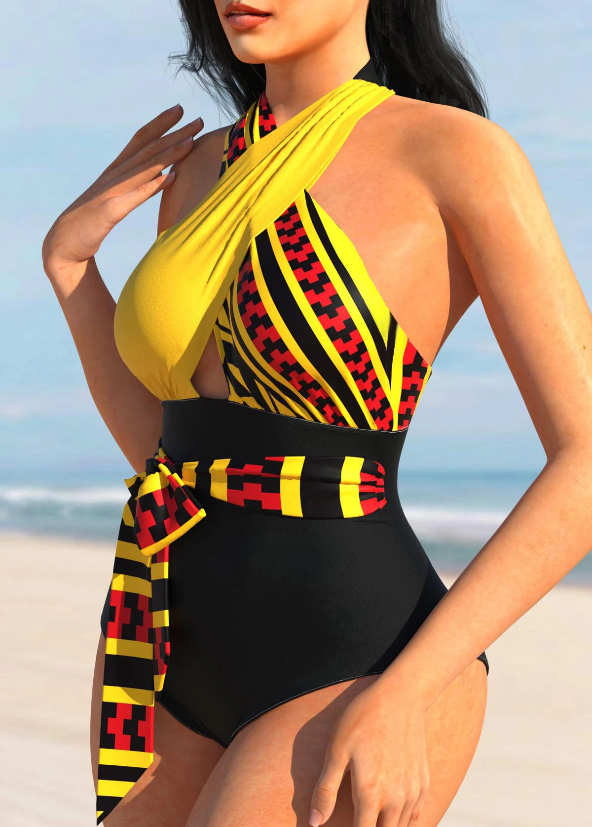 Tribal Print Color Block Cross Halter One Piece Swimwear 5 Tribal Print Color Block Cross Halter One Piece Swimwear - Image 3