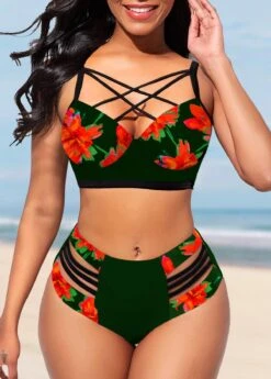 Black Floral Print Cage Neck Bikini Set