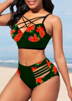 Black Floral Print Cage Neck Bikini Set -Rosewe Swimwear Store 301352 P 1648646409892