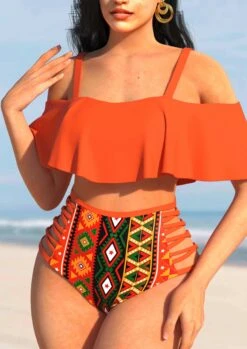 High Waisted Orange Tribal Print Bikini Set 7 High Waisted Orange Tribal Print Bikini Set -Rosewe Swimwear Store 301521 P 1659062657118
