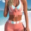 Striped Cross Strap Coral Orange Bowknot Bikini Set