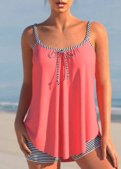 Bowknot Striped Coral Red Tankini Set