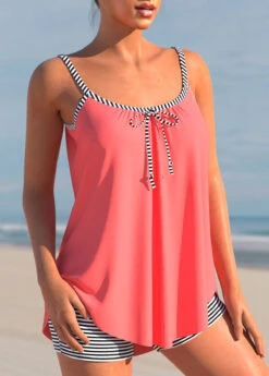 Bowknot Striped Coral Red Tankini Set -Rosewe Swimwear Store 303343 P 1655172716630