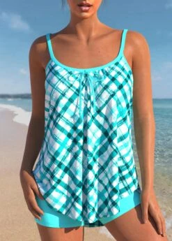 Plaid Cyan Bowknot Spaghetti Strap Tankini Set