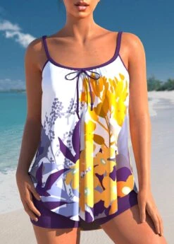 Bowknot Floral Print Purple Tankini Set