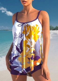 Bowknot Floral Print Purple Tankini Set -Rosewe Swimwear Store 303815 P 1654679977595