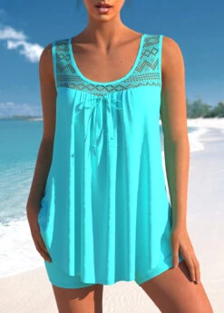 Cyan Lace Stitching Bowknot Tankini Set