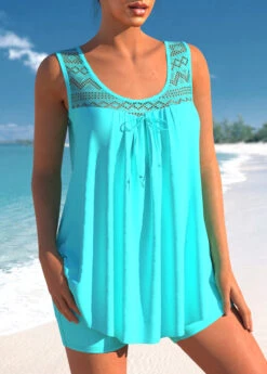 Cyan Lace Stitching Bowknot Tankini Set -Rosewe Swimwear Store 304616 P 1652248966978