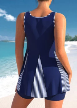 Bowknot Stripe Print Navy Blue Tankini Set -Rosewe Swimwear Store 304894 P 1654859479347