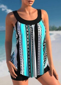 Cyan Stripe Print Wide Strap Tankini Set -Rosewe Swimwear Store 305504 P 1655874303575