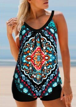 Tribal Print Bowknot Multi Color Tankini Top-No Bottom
