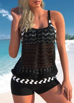 Geometric Print Lace Patchwork Black Tankini Set