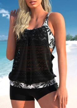 Black Leaf Print Lace Stitching Tankini Set -Rosewe Swimwear Store 306526 P 1654163508417