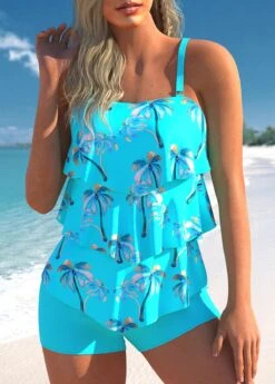Cyan Coconut Tree Print Layered Hem Tankini Set