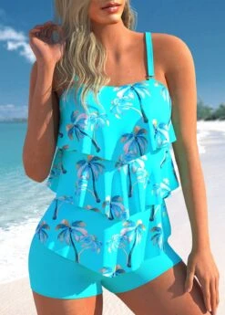 Cyan Coconut Tree Print Layered Hem Tankini Set -Rosewe Swimwear Store 306791 P 1654672092331