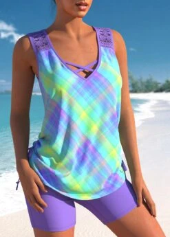 Ombre Lace Patchwork Light Purple Plaid Tankini Set -Rosewe Swimwear Store 309768 P 1658299153411