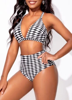 High Waisted Geometric Print Three-piece Black Bikini Set -Rosewe Swimwear Store 316752 P 16970213974985